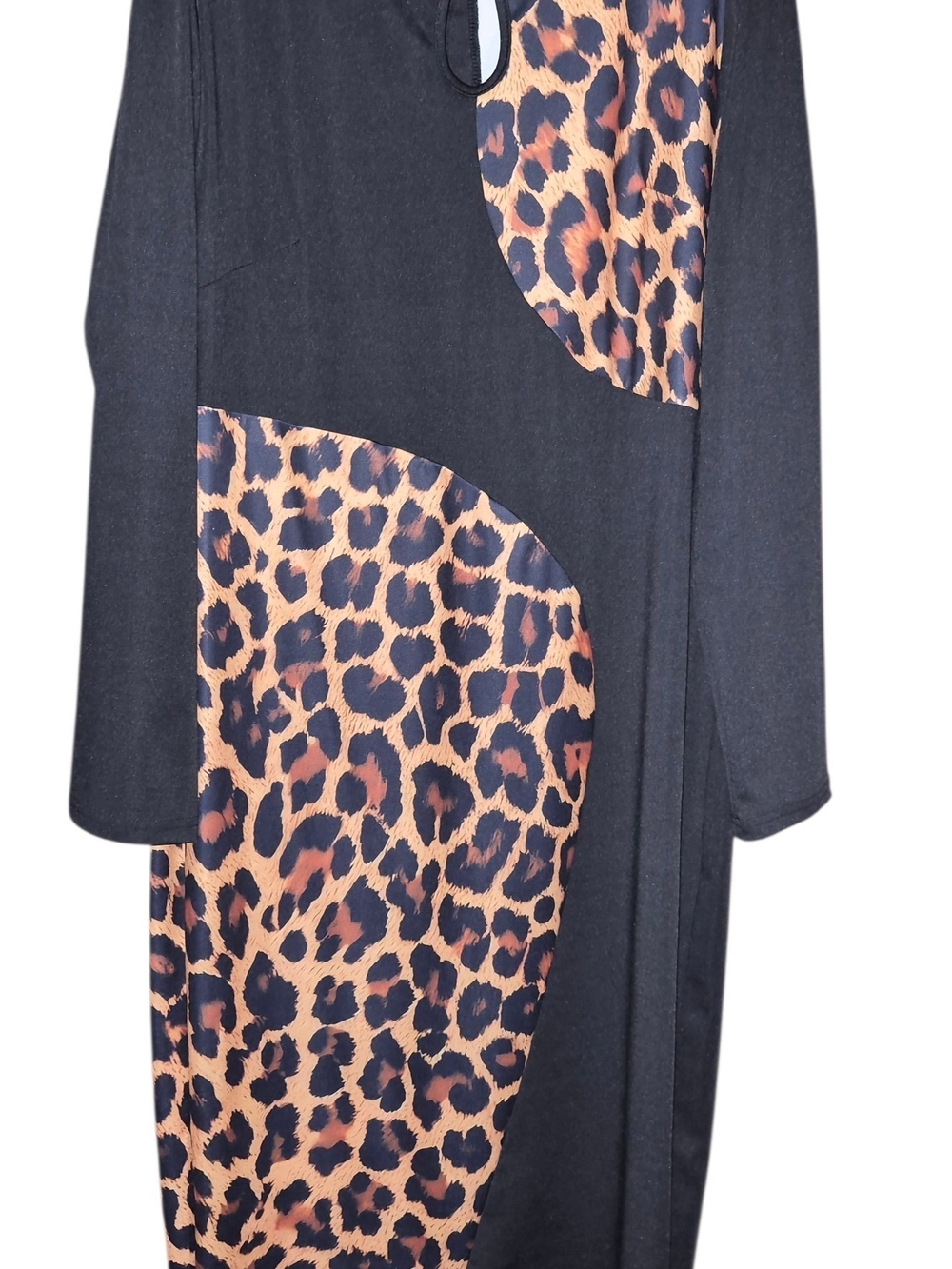 Black Dress with Leopard Print Panels - Women's Stylish Long Sleeve Dress